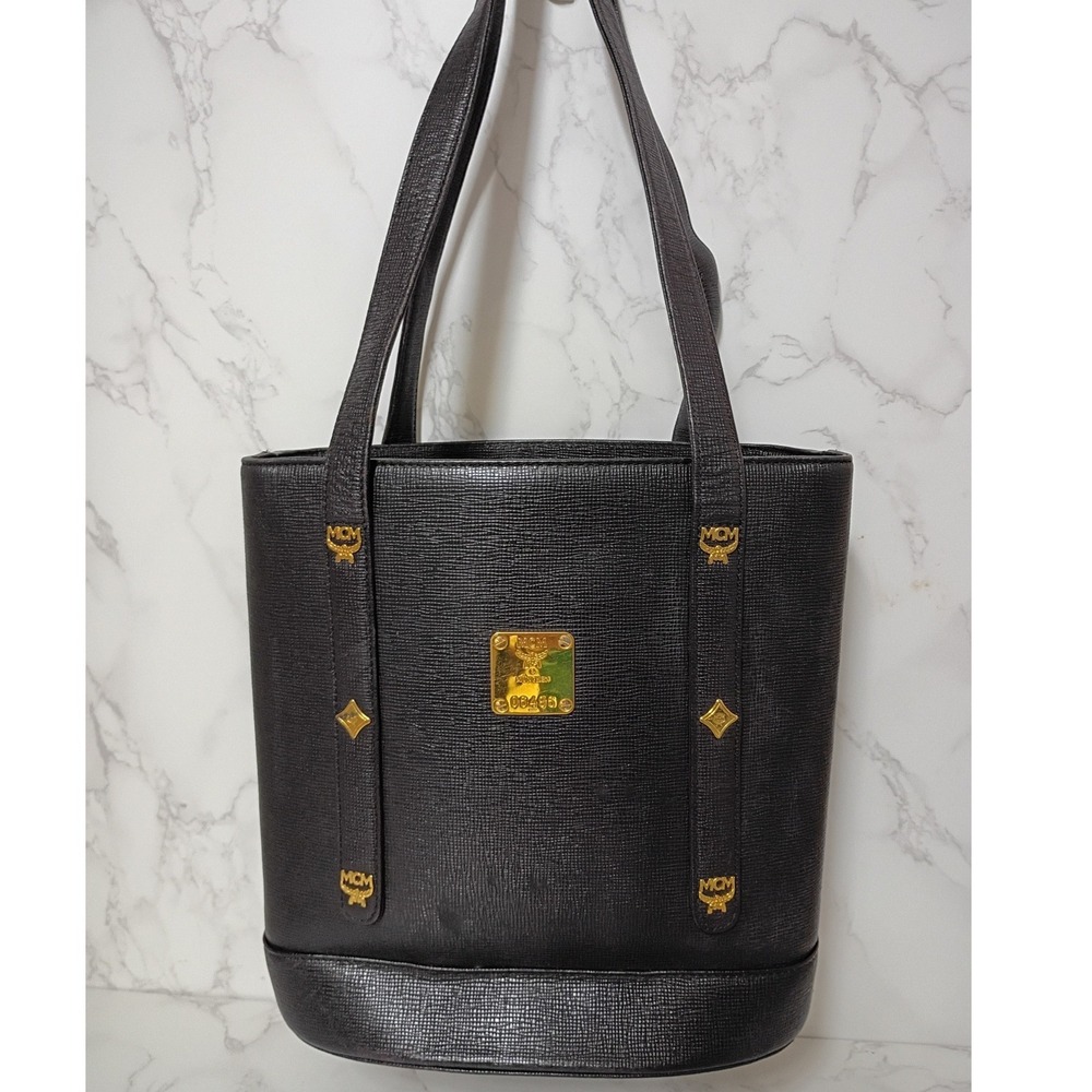 MCM Vintage Black Grained Leather Logo Studded Bucket Tote Bag w/ Dust Bag- EUC